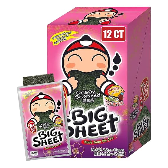 Big Crispy Seaweed Snack Sheets by Tao Kae Noi | Japanese Sauce Flavor Thai Seaweed Chip | Healthy Nori Snacks for Kids and Adults | Low Calorie Seaweed Sheets | 12 Individually Wrapped Sheets per Box, 3.2g each