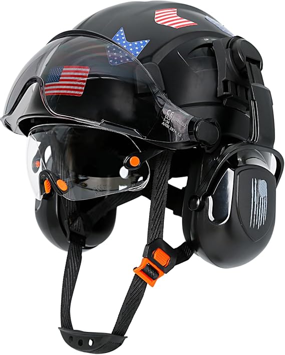 Hard Hat with Double Visor and Earmuffs - Vented Hard Hats Construction OSHA Approved with Safety Glasses, ANSI Z89.1 Safety Helmet with Chin Straps Eye and Hearing Protection for Men Worker