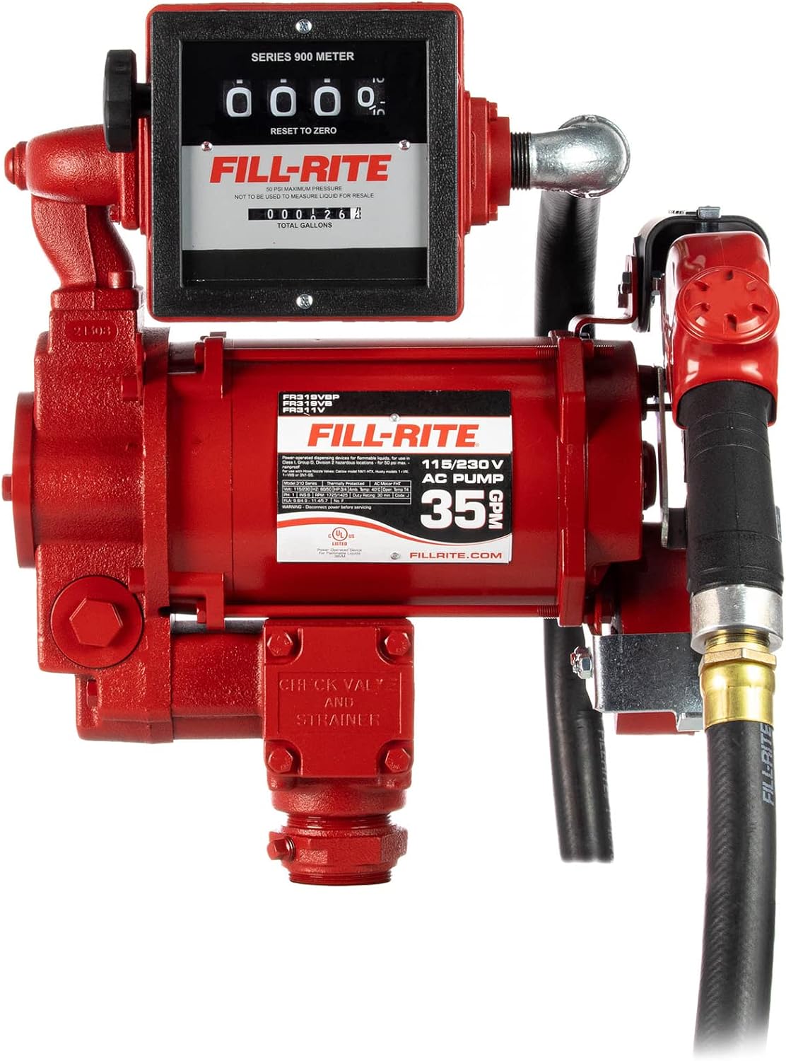Fill-Rite FR310VB 115V230V 35 GPM Fuel Transfer Pump wDischarge Hose & Automatic Nozzle Red