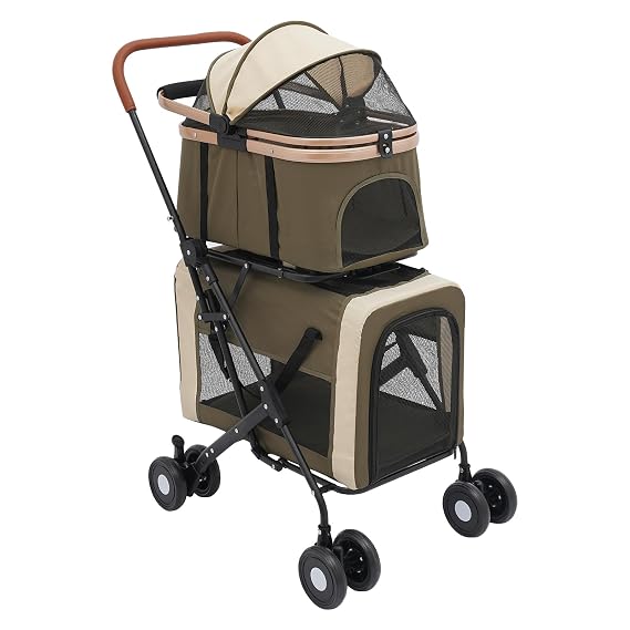 2 Tier Pet Stroller, 3 in 1 Foldable Pet Stroller with 2 Detachable Carriers, Double Decker Pet Carrier with 77lbs Overall Load Capacity, 180 Adjustable Handle Two Brakes for Dogs Cats (Dark Green)