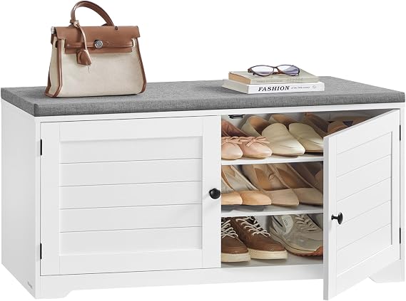 VASAGLE 3-Tier Shoe Storage Bench with Cushion, 14 x 39.8 x 20.7 Inches