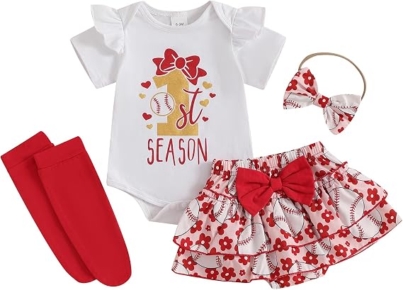 Chloefairy Newborn Baby Girl Baseball Outfit My 1st Baseball Season Romper Ruffle Shorts Set Headband Socks Summer Clothes