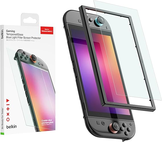 Belkin TemperedGlass Screen Protector for Nintendo Switch 2 w/Blue Light Filter - 9H Hardness, Slim, Scratch-Resistant - Includes Easy Align Frame for Bubble Free Application - Gaming Essentials