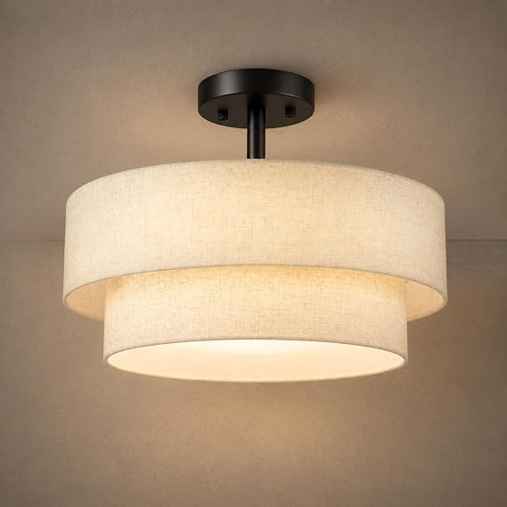 Hamilyeah Semi Flush Mount Ceiling Light Fixture 15 inch, 24W LED Ceiling Light with Double Layer Fabric Shade, Dimmable Drum Light Fixtures Ceiling Semi Flush Mount 5CCT for Kitchen, Living Room