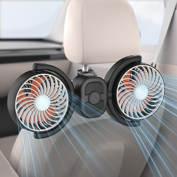 Hayousui Backseat Car Fan for Kids: Battery & USB Powered 5V/2A Rear Seat Car Cooling Fans, 3 Speed Independent Control, 360 Rotatable Auto Headrest Cooler for Vehicle Sedan Truck Pickup (Orange)
