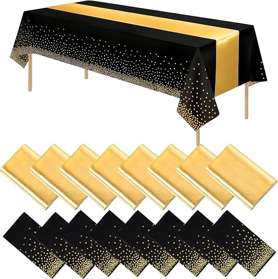 SHUESS 8 PCS Black and Gold Table Cloths Disposable - 137 x 274cm Plastic Table Cover - Decorative Rectangle Tablecloth for Party, Birthday, Christmas
