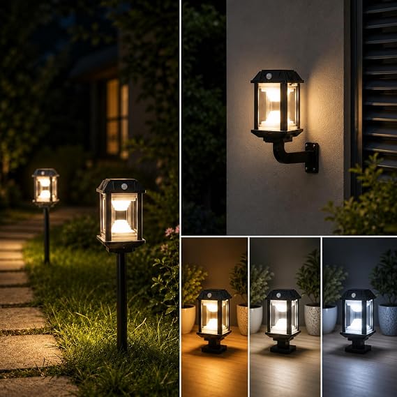 Coverzone 15cm Solar Bahçe Lambası 3W LED | 7000K Beyaz + 3000K Sarı Işık, 360° Aydınlatma, Hareket Sensörlü, Type-C Şarjlı, Balkon Teras Bahçe için, 300 Lümen, Duvar ve Toprak Montajlı, PT-B119 [Enerji Sınıfı A]