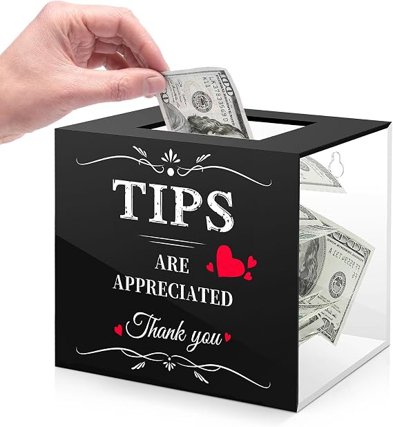 MoKo Acrylic Tip Jar, Wall-Mounted, 6 x 4 x 5 Inch, Black & Clear | Clear tip box with a wide top opening also works as a donation box, ballot box or suggestion box.