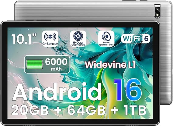 2026 Android 16 Tablet with Gemini AI,20GB+1TB Expand, Family & Work,anniversary thank you gift for her him (gray),10.1 inch Tablet,Octa-core CPU, Dual Camera, WiFi6, 6000mAh,Widevine L1,Split Screen