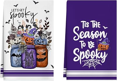 XCHI Halloween Purple Spooky Pumpkin Flowers Kitchen Towels Dish Towels 18x26 Inch Home Kitchen Decorations Hand Towels Set of 2 Drying Dishcloth