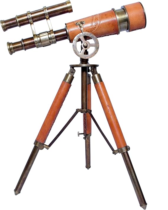 Antique Telescope Table Decor Vintage Marine Functional Instrument Collectibles Gift Item (Brass Antique + Leather & Wood)