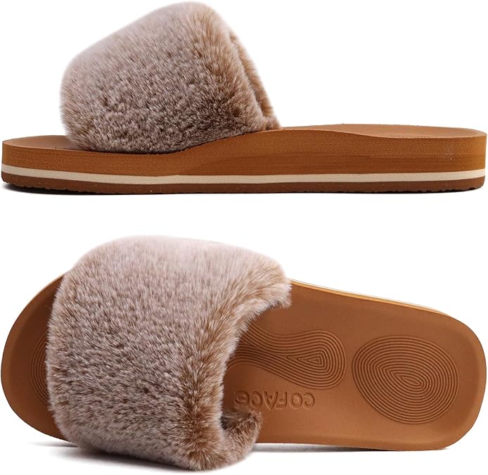 COFACE Fuzzy Womens Slippers with Arch Support Open Toe Orthopedic Fur Slipper Indoor Outdoor