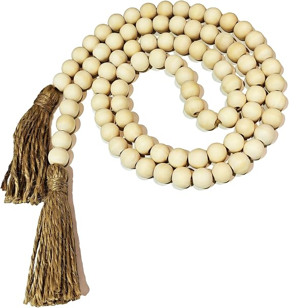 Farmhouse Wood Bead Garland with Tassels, 59in, White Washed