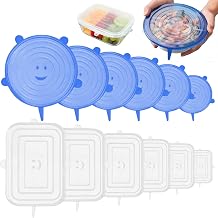 Silicone Stretch Food Covers Set, 12 Pack Circular and Square Silicone Lids, Different Size Reusable Food Container Sealing Lid for Refrigerator and Microwave (Blue, white)