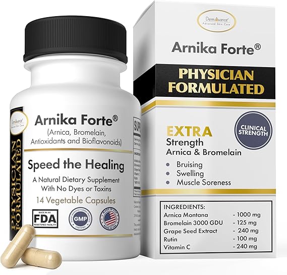 DermAvance Arnika Forte Capsules Swelling and Bruising Reducer After Surgery and Aesthetic Treatments, Antioxidants & Bioflavonoids, Arnica 1000mg, Bromelain 125mg 3000GDU - 14 Capsules