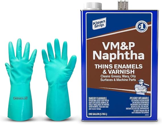 Klean-Strip VM&P Naphtha Thins Enamels & Varnish Cleans Greasy, Waxy, Oily Surfaces & Machine Parts Faster Drying Now  with chemical resistant gloves by Centaurus AZ, 1Gal (3.785L)