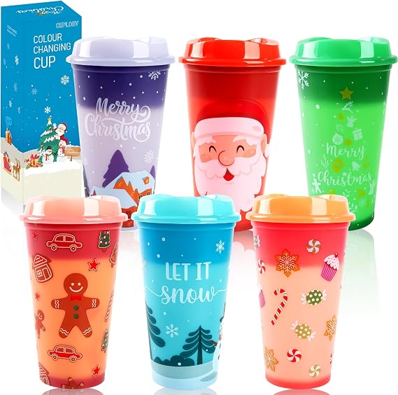 6pcs Christmas Color Changing Hot Coffee Cups with Lids, Plastic Reusable Hot Chocolate Cups for Adults Kid Winter Christmas Holiday Birthday Party Cups Tumblers, 16 Oz