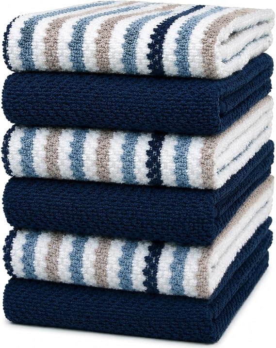 Bumble Kitchen Towels 6 Pack 100% Cotton 16"x26" - Blue Wide Stripe