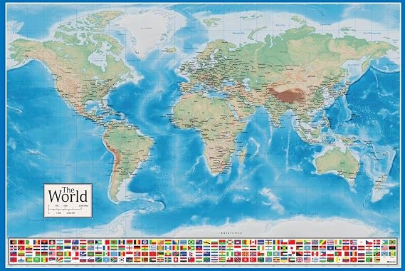 Laminated World Map Poster Flags Huge Big Creative Fun Country Countries Continents Premier Large Blue Ocean Aesthetic Modern Wall Decor Art Graphic Picture Bedroom Poster Dry Erase Sign 12.5x18.5