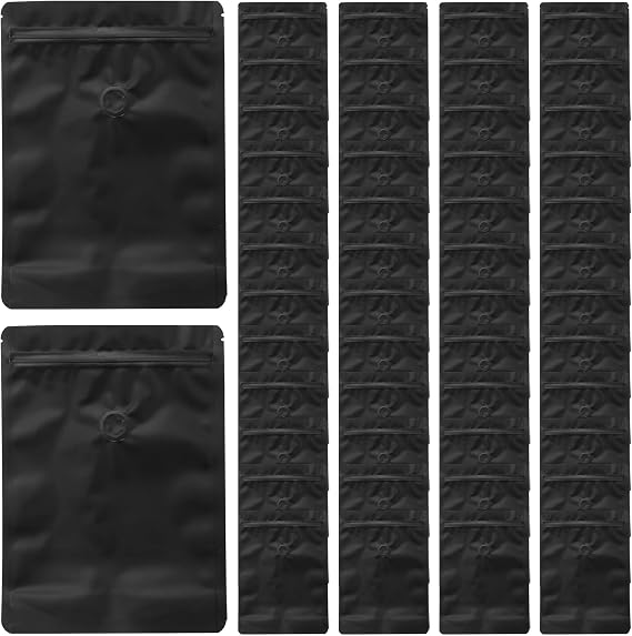 50Pcs Matte Aluminum Foil Coffee Bags with One-Way Valve, 250g Zipper Closure for Coffee Bean Storage, Black