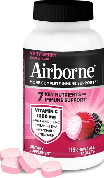 Airborne Very Berry Chewable Tablets, 116ct | Immune Support Supplement with 1000mg Vitamin C + Vitamins A, D, E, Zinc,Selenium, Manganese | Herbal Blend | Gluten Free | Antioxidants Vitamins A, D & E + Zinc, Selenium, and Manganese, Herbal Blend, Multivitamin Supplements, Immune Health, Tasty