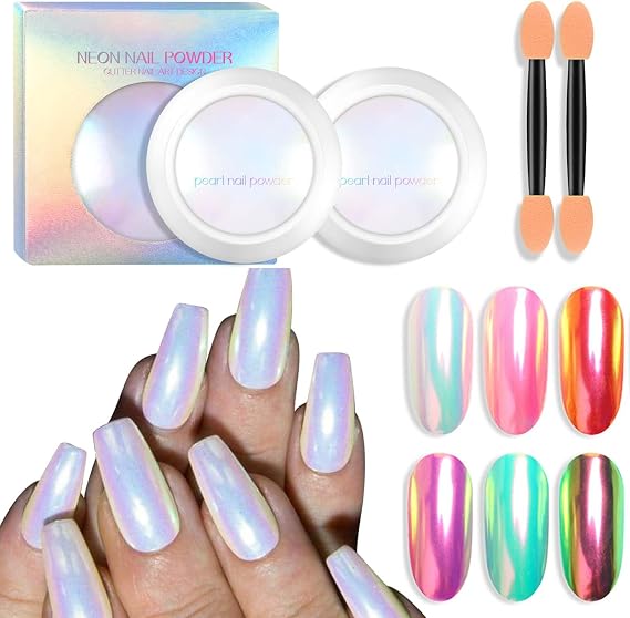 Ownest 2 Pcs Neon Chrome Nail Powder, Unicorn Chrome Nails Glitter Pigment, Aurora Iridescent Powder Pigment for Nails, Opal Pearl Mica Powders, Chameleon Pearl Manicure Pigment