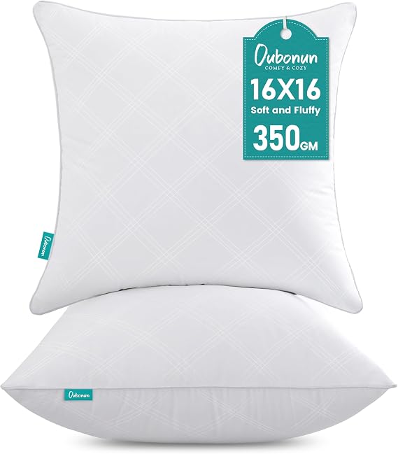 Oubonun 16x16 Throw Pillow Inserts Set of 2, Soft Decorative Couch Cushion | Fluffy Plump Decorative Stuffer for Sofa Couch Bed Living Room Home Accent Decor, Breathable Skin-Friendly - White, Pack of 2