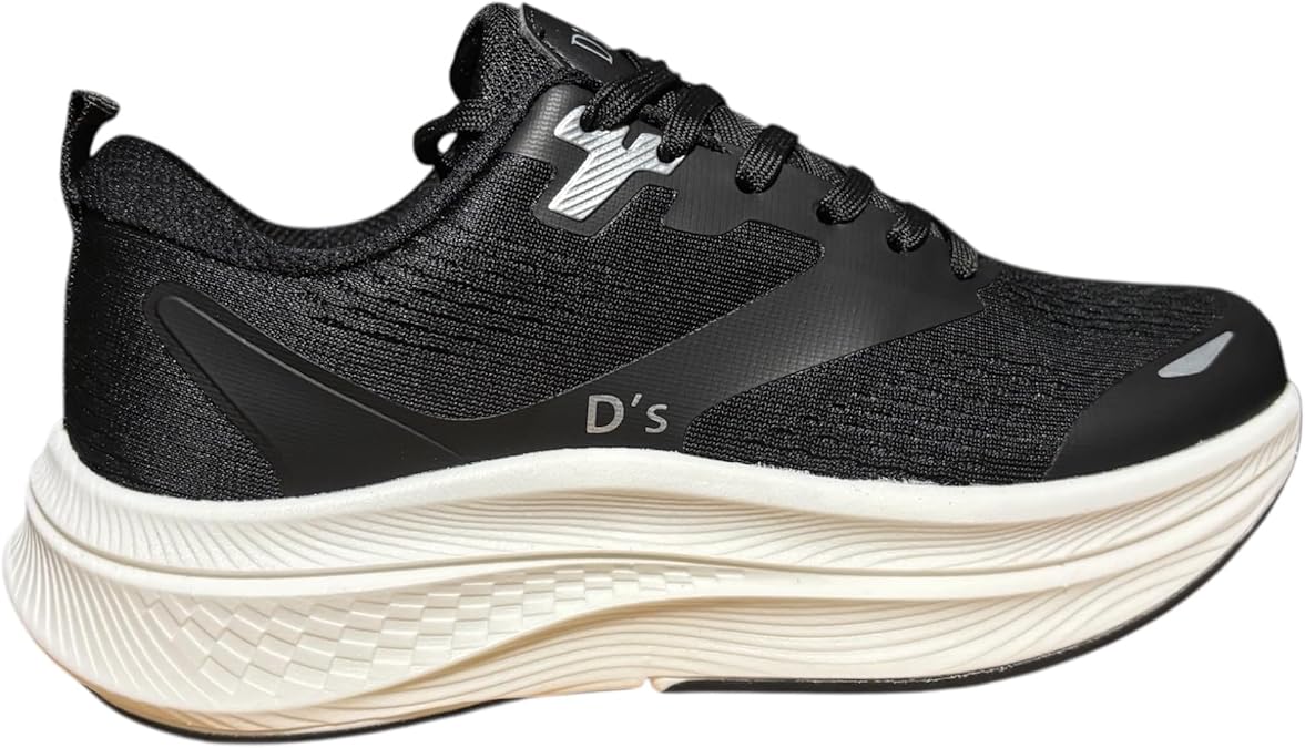 D's Women's Running Shoes, Black Mesh Athletic Sneakers with Cushioned Platform Sole, White Base