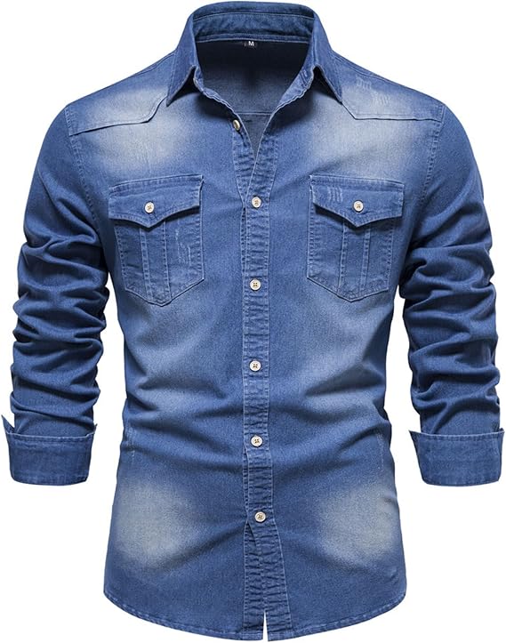 Men's Slim Fit Button Denim Shirt Casual Lapel Long Sleeve Jean Shirt Distressed Washed Down Shirts