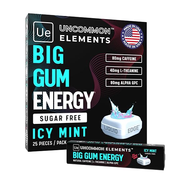 Big Gum Energy & Focus 80mg Caffeine + 40mg L-Theanine + 80mg Alpha GPC Nootropic Chewing Gum for Focus, Energy & Execution Icy Mint 25 Pieces (5 Packs) Gym & Work Execution