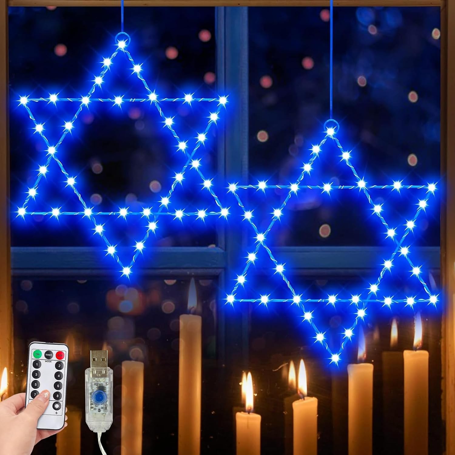 TURNMEON 2 Pack Hanukkah Window Lights Hanukkah Decorations Star of David Each 38 LED Blue Lights 8 Modes with Timer Remote Control Chanukah Lights USB Charging for Indoor Jewish Decorations Home
