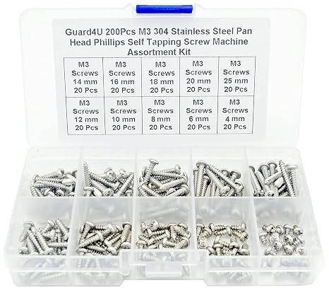200Pcs M3 304 Stainless Steel Phillips Round Pan Head Self-Tapping Screws Assortment Kit- M3 x 4mm/ 6mm/ 8mm/ 10mm/ 12mm/ 14mm/ 16mm/ 18mm/ 20mm/ 25mm