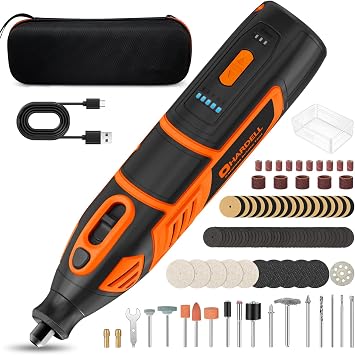 HARDELL 12V Cordless Rotary Tool Kit, 5-Speed 8000-35000 RPM, 2AH Battery Power Rotary Tools 80pc Accessories for Sanding, Polishing, Carving, Cutting, Drilling, DIY Crafting Black&Orange