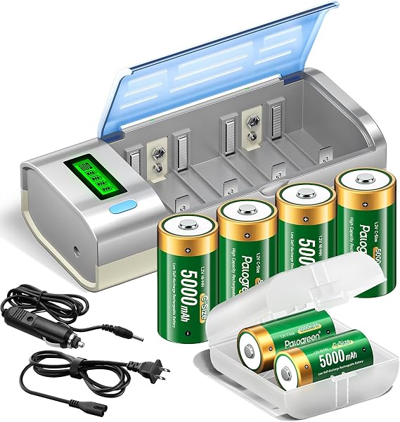 Rechargeable C Batteries with Charger, 6-Pack C Cell Batteries 1.2V NiMH 5000mAh, Universal Battery Charger for C, D, 9V, AA, AAA | Discharge Function | 3 Storage Boxes & Car Charging Cable