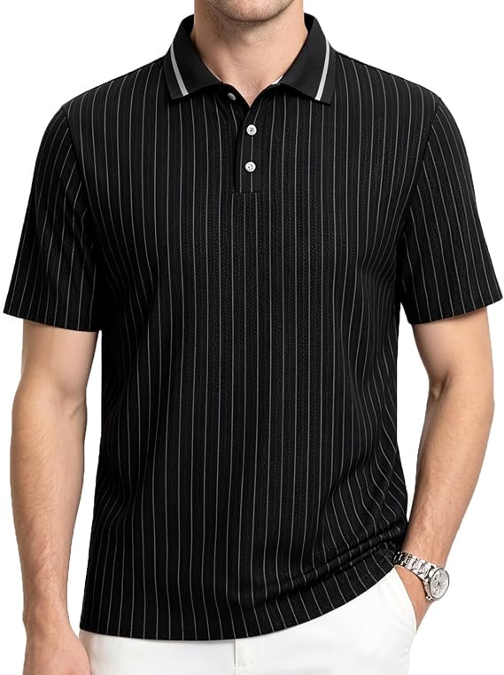 Men's Striped Polo Shirts, Short Sleeve Performance Golf Shirts