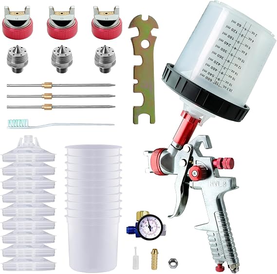 Paint Sprayer with Paint Mixing Quick Cup, HVLP Spray Paint Gun Kit Contain 1.4 1.7 2.0 MM Nozzles 10 Disposable 600ML Cups for Car Furniture Fence Painting (Red)