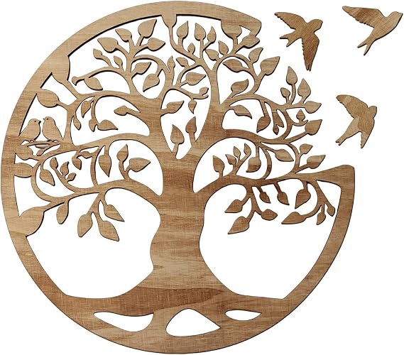 Wooden Tree of Life Wall Art 12 Inch Round Tree Life Wall Decor with 3 Bird