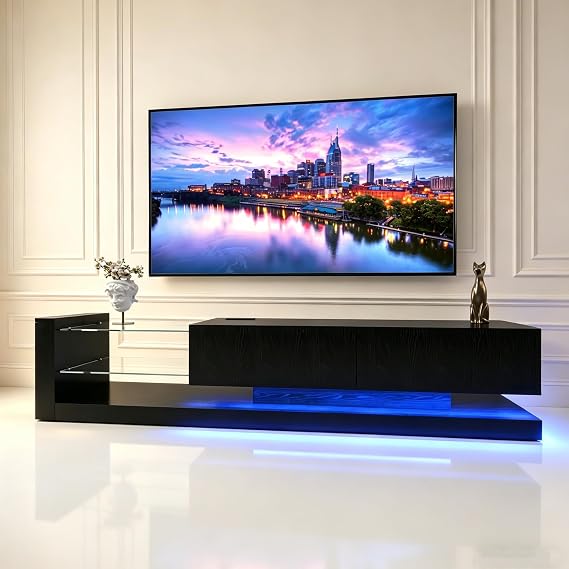 TV Stand for TVs Up to 75" Modern TV Stand with LED Lights & Charge Station High Gloss Wood Entertainment Center with 2 Storage Cabinets and Glass Shelves for Living Room Bedroom, Black
