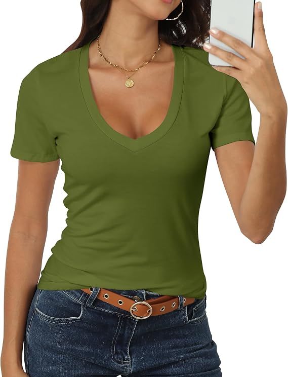 Roselux Women Short Sleeve Deep V Neck Tops Shirts Fitted Cotton Summer Tshirt Tee