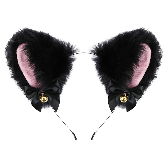 EVERMARKET Cat Ears, Faux Furry Headband with Bells, Anime Fox Cat Ears Cosplay Accessories, Hairband for Halloween Costume Party Fancy Dress, One Size, Black-Inner Pink