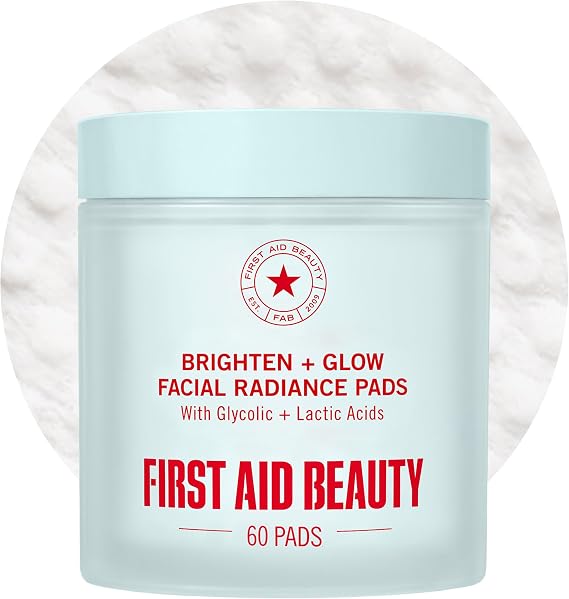 First Aid Beauty - Facial Radiance Pads with Glycolic & Lactic Acids, Daily Exfoliating Pads with AHA, Visibly Smaller Pores, Help Tone & Brighten Skin, One-Step Makeup Prep, Compostable, 60ct