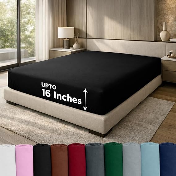 DAN RIVER 100% Cotton Jersey Fitted Sheet, King, Black, 16 Inch | Deep Pockets, Ultra Soft & Breathable, Stretchy Knit Fabric, Fitted Bed Sheet for Queen Mattress, Full size jersey sheet