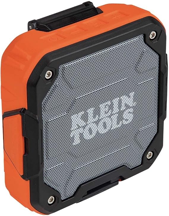 KLEIN TOOLS AEPJS2 Bluetooth Speaker with Magnetic Strip and Hook, Rechargeable, Wireless and Aux Capable, Hands Free Capable, 10 Hr Run Time, IP54 Dust and Water Resistant
