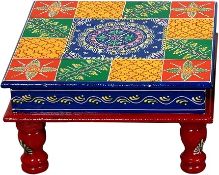palm Wooden Decorative bajot/chowki/Handmade/Antique Design/Multipurpose Stool/Pooja mandir (Multicolor)
