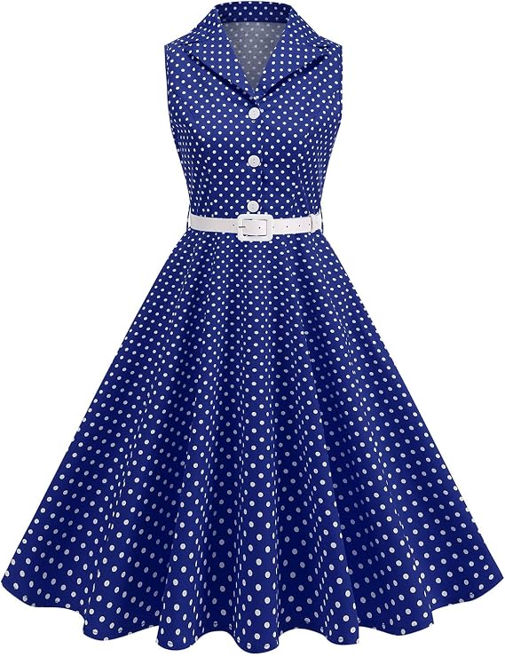 Women's 1950s Retro Polka Dot Vintage Dress Sleeveless Cocktail Prom Swing Midi Belt Dresses Notched Lapel