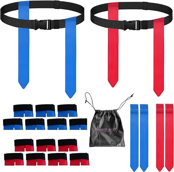 Flag Football Belts Set for 14 Players 28 Durable Red & Blue Flags with 4 Extra Flags, Adjustable Belts & Carry Bag Youth & Adult Flag Football Equipment for Teams, PE & Backyard Games