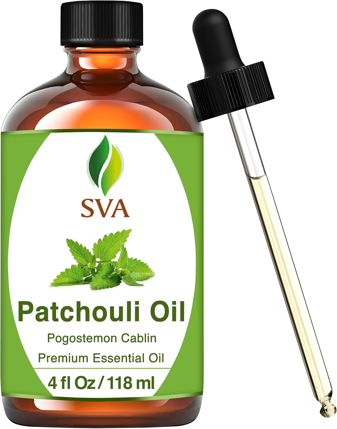 SVA Patchouli Essential Oil – 4 Fl Oz – 100% Natural Patchouli Oil - for Diffuser, Hair Care, Face, Skin Care, Aromatherapy, Scalp and Body Massage, Soap and Candle Making – with Dropper