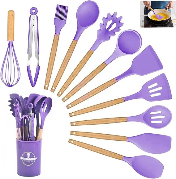 Kitchen Utensil Set, 12 PCS Silicone Cooking Utensils Set with Wooden Handle, Heat Resistant, Nonstick Cookware Tongs Spatula Spoon Set, Silicone Kitchen Utensils Set Suitable for Kitchen(Purple)