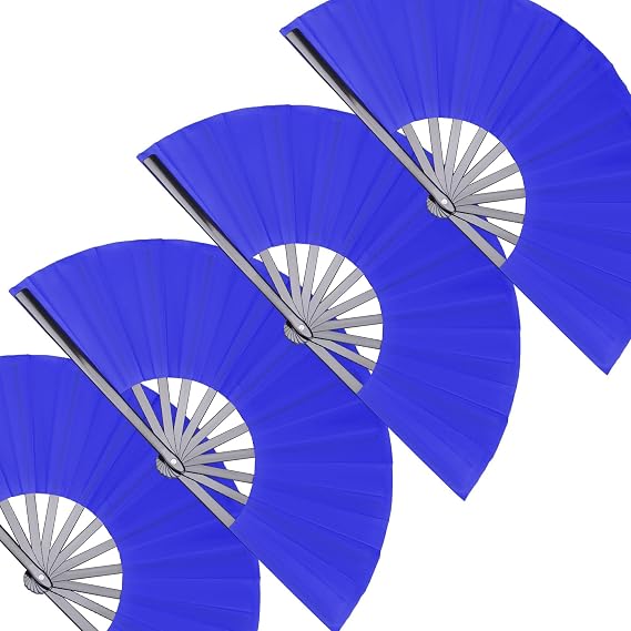 4 Pack Large Folding Hand Fan, Blue Chinese Kung Fu Tai Chi Fan Nylon-Cloth rave Fan For Men And Women Performance, Dance, Decorations, Festival, Gift (4p Folding fan blue)