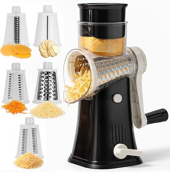 Rotary Cheese Grater with Handle, Manual Cheese Shredder Strong Suction Base. Kitchen Mandoline Vegetable Slicer. Grater for Fruit, Vegetables, Nuts